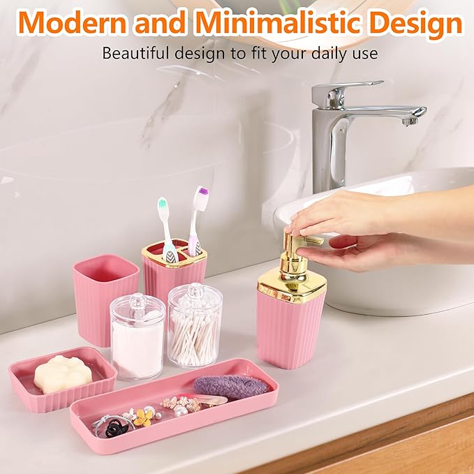 Bathroom Accessory Set,9 Pieces Pink Bathroom Accessories Set with Trash Can, Toothbrush Holder, Soap Dispenser, Toothbrush Cup, Vanity Tray, Soap Dish, Toilet Brush, Qtip Holder