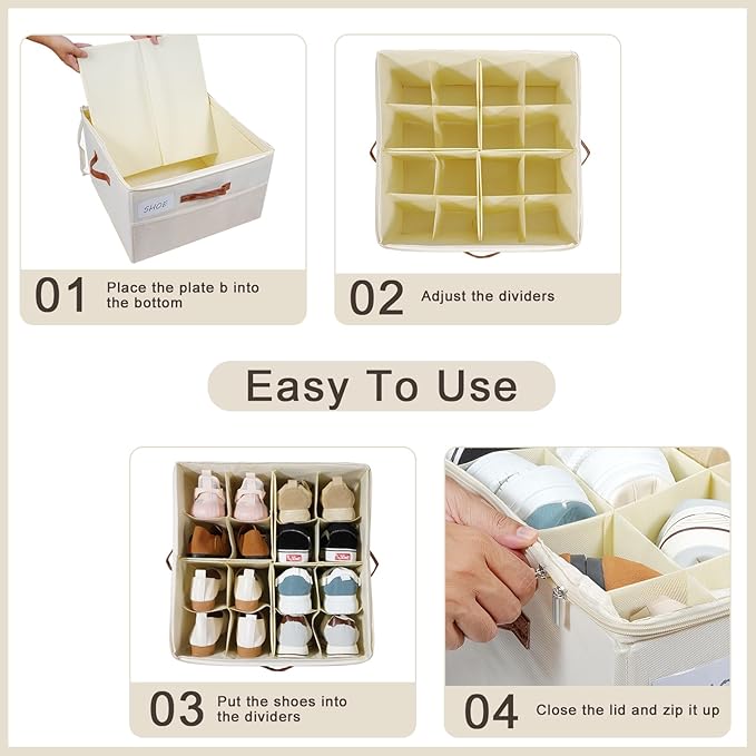 HOMICKER Shoe Organizer for Closet, Shoe Storage Box, Foldable Shoe Box with Adjustable Dividers and Clear Cover, Closet Shoe Organizer Fits up to 16-32 Pairs, Extra Storage Pocket for Socks (2 Pack)