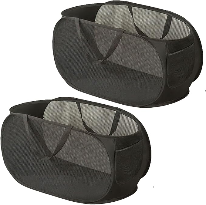 Rubruan 2 Piece Popup Mesh Laundry Basket Durable Handles Collapsible Laundry Baskets Folding Clothes Pastic Hamper for Laundry Room College Dorm (2 x Black)