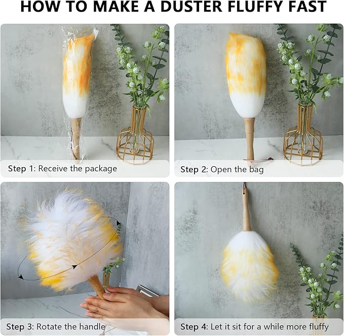 Lambs Wool Duster for Cleaning Window Blinds Computer Furniture TV Computer Screens Bookshelves Solid Wooden Handle Natural Feather Duster,16'', Yellow&White