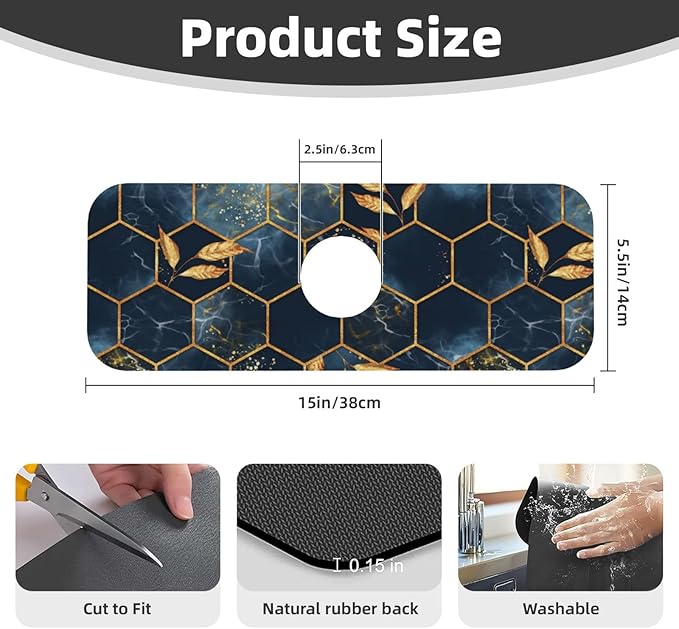 Faucet Draining Mat For Kitchen Sink, Black And Blue Honeycomb Marblenon Diatom Mud Absorbent Drain Pad For Bathroom Kitchen Sink Splash Guard Drying Mat