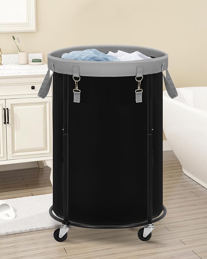STORAGE MANIAC Rolling Laundry Hamper with Wheels 110L Laundry Basket, Round Laundry Cart with Metal Frame and Removable Bag, Clothes Hamper for Bedroom, Bathroom, Dorm Room, Laundry Room, Black