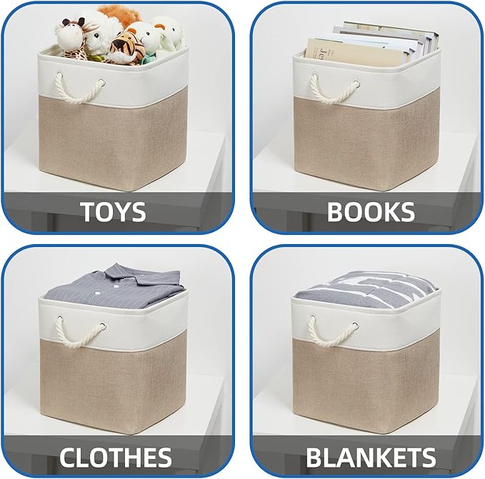 Temary Cube Storage Baskets 4 Pack 13x13 Fabric Cube Storage Bins for Clothes, Large Baskets Boxes with Handles, Canvas Basket for Organizing Towels, Collapsible Storage Bins (White&&Khaki)