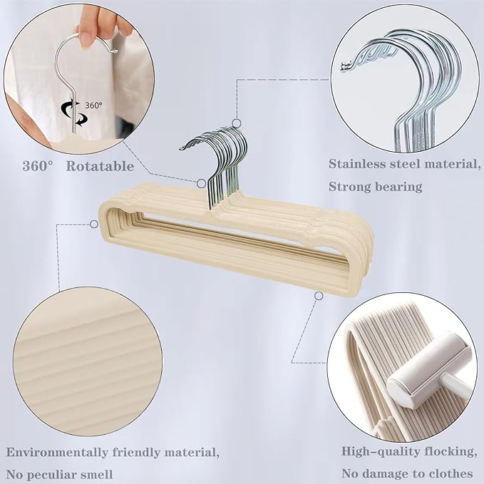 Pants Hangers Non Slip - 20 Pack Velvet Hangers for Closet - Thin Space Saving Clothes Hanger - Strong, Durable, Perchas Terciopelo with 360° Rotatable Hook for Jean, Tank Top, Bra, Shorts (Beige)