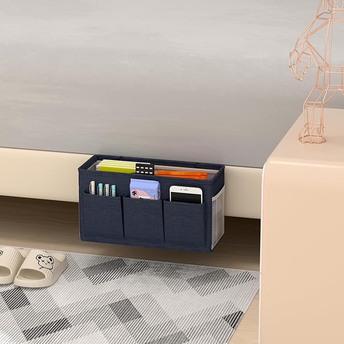 Dual-purpose Bedside Caddy Bedside Organizer, Bed Caddy with 6 Pockets, Versatile Bedside Storage Solution Magazine Remotes holder, ideal for Home, Dorm, Hospital, Crib Bed (Navy)