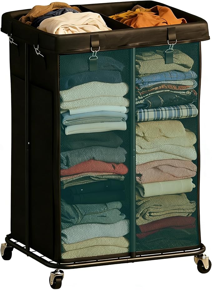 Laundry Hamper with Wheels, Rolling Laundry Basket with Metal Frame and Removable Bag, Double Laundry Hamper 2 Section, Large & Tall Dirty Clothes Hampers for Bedroom Aesthetic, Laundry Room, Bathroom