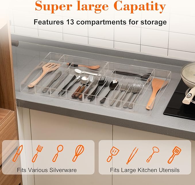 Kathfly Large Clear Expandable Silverware Drawer Organizer, Acrylic Adjustable 21.4 to 36 Inches Wide Utensil Tray for Kitchen Flatware and Cutlery Holder for Spoons Forks Knives, 13 Compartments