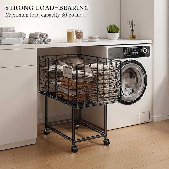 Rolling Laundry Cart, 80L Wire Laundry Hamper Basket on Wheels, Dirty Clothes Basket with Handle, Metal Clothes Hamper Organizer for Laundry Room, Bathroom, Bedroom, Dorm, Black