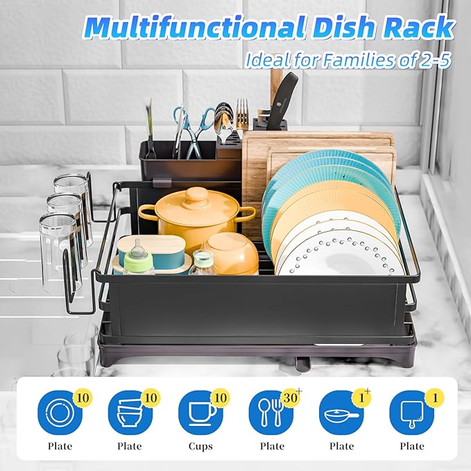 Simple Trending Dish Drying Rack, Dish Drainer for Kitchen Counter, Dish Rack with Tray for Large Capacity, Black