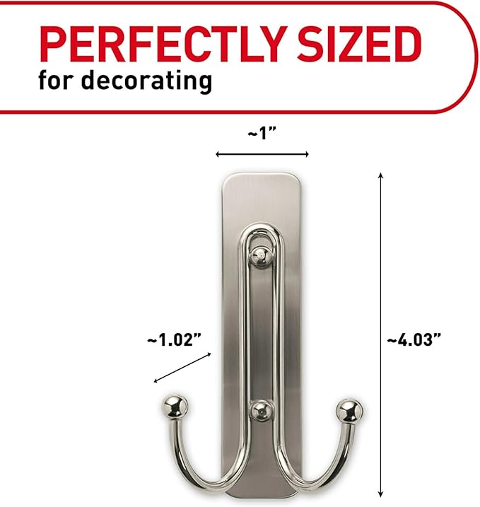 Command Large Satin Brass Double Hooks, 2 Coat Hooks and 2 Strips, Damage-Free Hanging with Adhesive, Great for Hanging Christmas Decorations, Holds up to 4 lb