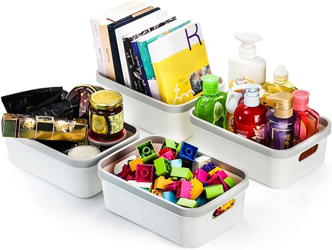 Elsjoy Set of 6 Plastic Storage Bin, 10"x 7"x 4" Classroom Storage Basket Cabinet Storage Bin with Handle, White Shelf Organizer Bins for Bathroom, Office, School