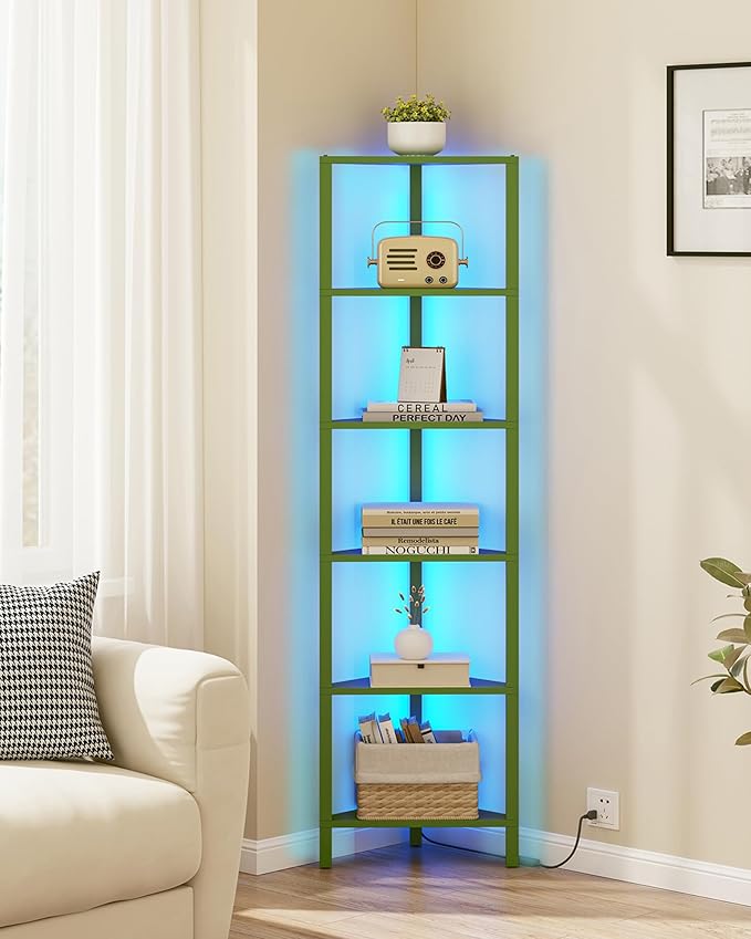 TUTOTAK Corner Shelf with LED Light, 6-Tier Corner Bookshelf for Small Space, Narrow Display Corner Shelf Stand with Storage Rack, for Living Room, Bedroom, Olive Green BS05BOG006L
