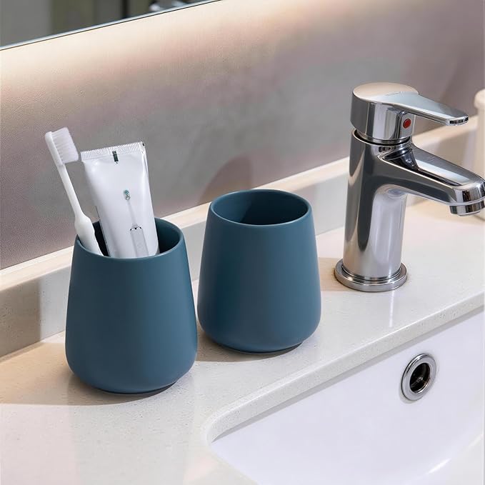 Blue Toothbrush Holder for Bathroom - Ceramic Tooth Brushing Holders, Toothbrush Cup, Toothpaste Organizer for Bathroom Countertop, Makeup Brush Holder, Pen Holder for Home Desktop Storage