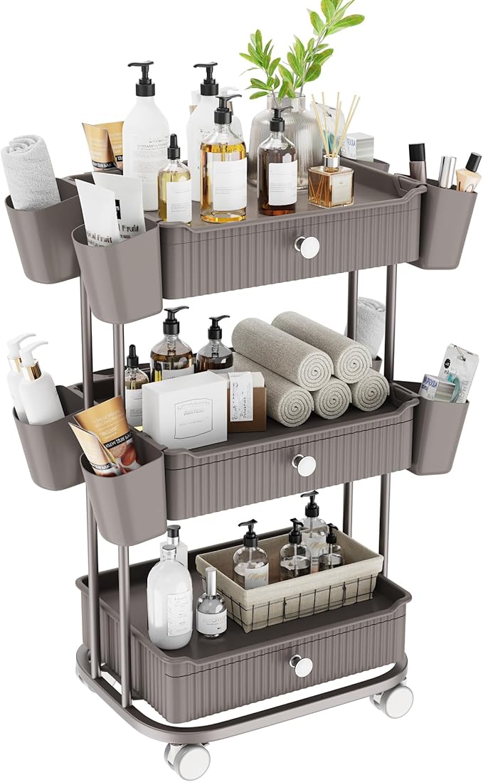 3 Tier Drawer Shelf Beauty Cart with 12 Movable Storage Organizer, Thickened Durable ABS, 360° Wheels for Salon Station for Hair Stylist, Beauty Salon, Spa Massage Parlor, Makeup Organizer - Brown