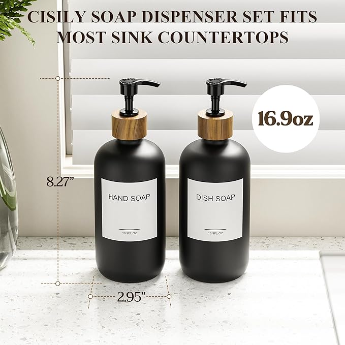 Cisily Dish Soap Dispenser Set 2 Pack 16.9oz Black Glass Bottle, Dish Soap Dispensers, Vintage Hand and Dish Soap Dispensers Set