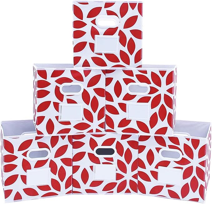MAX Houser Fabric Storage Bins Cubes Baskets Containers with Dual Plastic Handles for Home Closet Bedroom Drawers Organizers, Foldable, Set of 6 (Red)