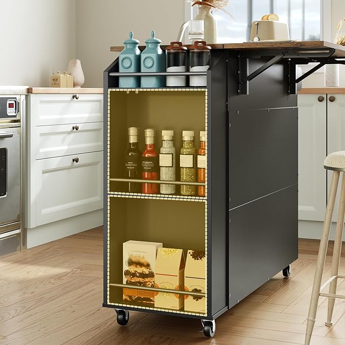 HOOBRO Kitchen Island with Drop Leaf Countertop & Power Outlet, Rolling Island Cart on Wheels, Kitchen Cart with Drawer & Spice Rack, Mobile Island Table for Kitchen, Black BF86UZD01