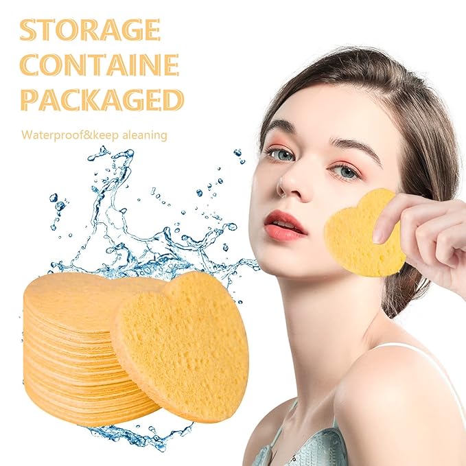 100-Count Compressed Facial Sponges for Estheticians Heart Shape Natural Cellulose Sponge Cosmetic Spa Sponges for Face Cleansing, Massage, Pore Exfoliating, Mask, Makeup Removal, Deep Yellow