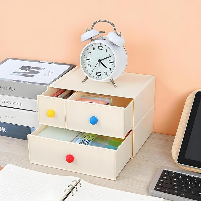 Desktop Storage Drawers, Plastic Desk Organizer with 2 Drawers, Modular Stackable Toolbox Units for Office Stationary, Makeup Container, Bathroom Countertop (1 Tall Layer, Cream)