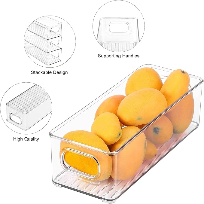 Set of 6 Refrigerator Pantry Organizer Bins - Stackable Fridge Organizers with Handles for Pantry, Freezer, Kitchen, Countertops, Cabinets - Clear Plastic Food Storage Bins