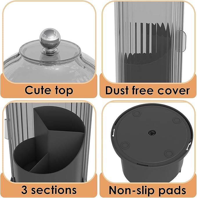 Zufudo Dustproof Toothbrush Holders with Cover, Rotating Electric Toothbrush and Toothpaste Holder for Bathroom Countertop, 3 Slots Makeup Brushes Organizer, Grey Black