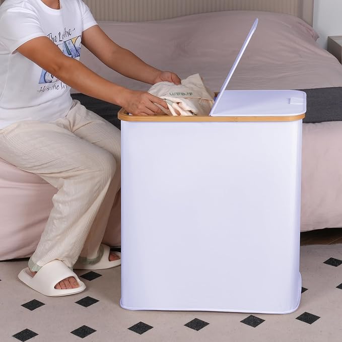 efluky Laundry Hamper with Lid, Double Laundry Hamper with 2 Removable Bags, 2 Section Laundry Basket with Bamboo Handles for Bathroom, Bedroom & Laundry Room -White