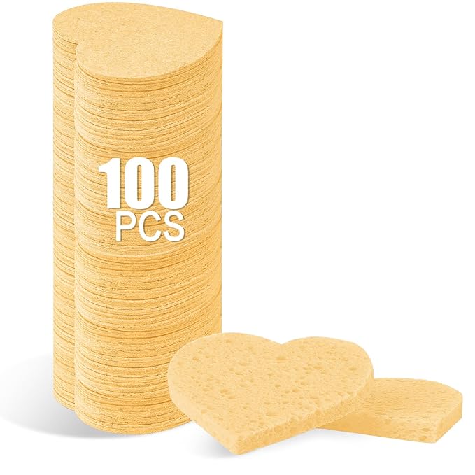 100-Count Compressed Facial Sponges for Estheticians Heart Shape Natural Cellulose Sponge Cosmetic Spa Sponges for Face Cleansing, Massage, Pore Exfoliating, Mask, Makeup Removal, Deep Yellow