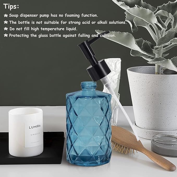 Blue Glass Soap Dispenser with Black Plastic Pump, 12oz Refillable Liquid Hand Soap Dispenser, Crystal Lotion Bottle for Modern Home Decor, Bathroom, Kitchen Countertop, Hotel