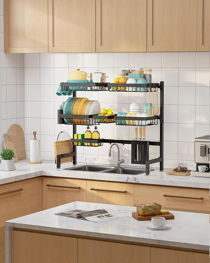 Over The Sink Dish Drying Rack - Adjustable 3 Tier XX-Large Capacity Stainless Steel Drainer with Cutlery & Utensil Holders, Kitchen Storage & Organization, 31.5"-39.5"L x 12"W x 30.5"H, Black