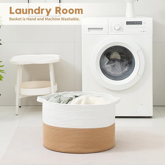 Foldable Laundry Hamper Basket with Collapsible Handle Cotton Rope Soft Woven Fabric Storage Organizer Clothes Toys Nursery Bedroom Dorm Space Saving Bin (White & Camel, 65L(19.7"D x 12.6"H))