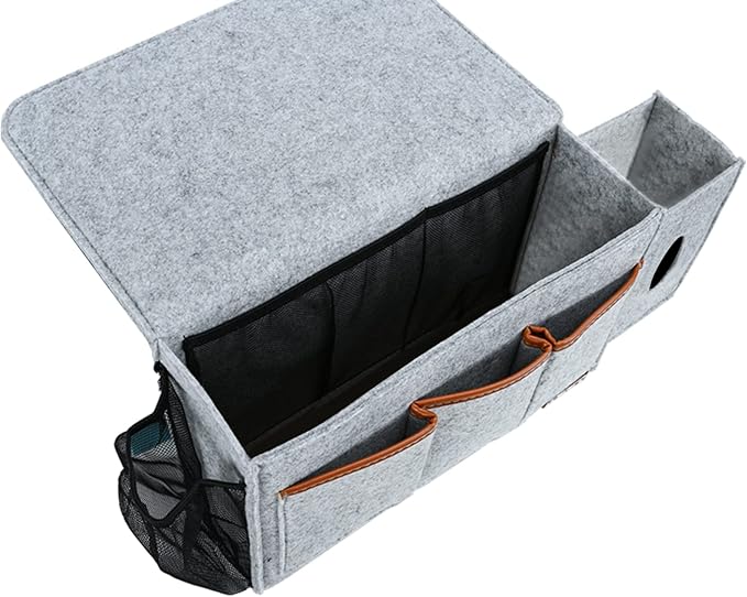 Zafit Bedside Caddy, Large Size Bedside Storage Organizer Bedside Organizer Caddy for Magazine Remotes Phone (13.4'' x 18.1'' Tissue box holder, Light Grey)