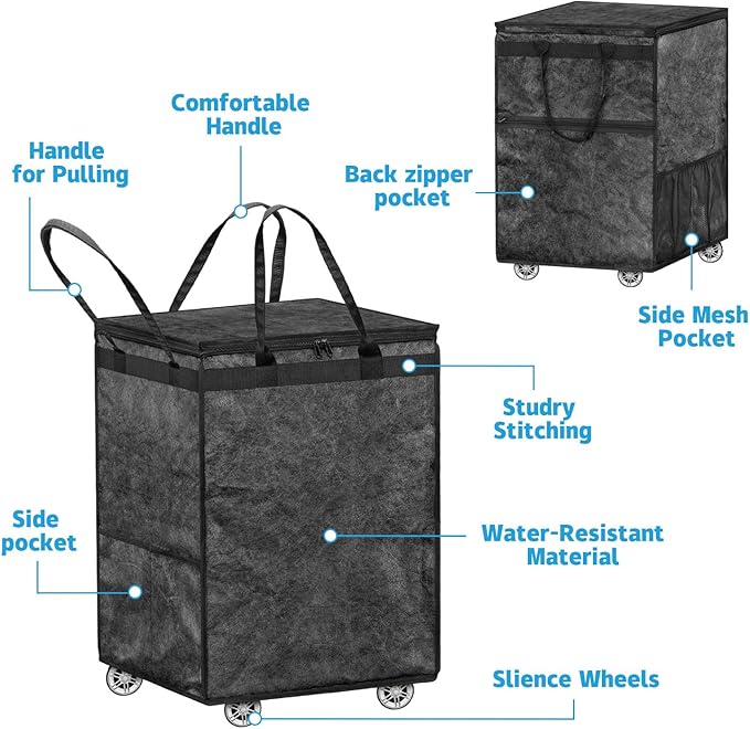 Boczif Large Laundry Basket Hamper Bag, Reusable Grocery Bag Collapsible Cart with Wheels and Handle, Rolling Tote Shopping Bags Storage Organizer for Clothes & Groceries, Trip, Sports, Picnic (Black)