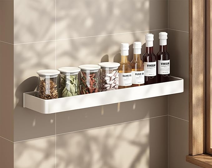SEIDO Space Aluminum Spice Rack Wall Mount | No-Drill Kitchen Shelf Organizer 16" L | Seasoning Organizer/Floating Shelf for Kitchen | 16 Inch Long | White