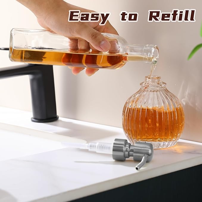 Round Bathroom Soap Dispenser Brushed Nickel Pump, Glass Bottle with Stainless Steel Pump Liquid Soap Dispenser Sphere Countertop Hand Kitchen