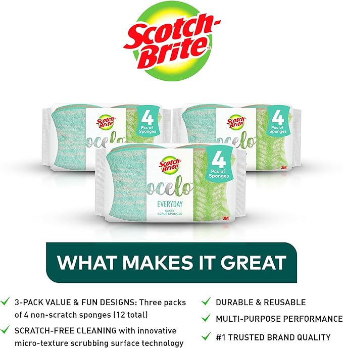 Scotch-Brite ocelo Non-Scratch Scrub Sponges, Assorted Designs, Scratch-Free for Nonstick Cookware & Dishes, Kitchen & Bathroom Use, Reusable Multi-Surface Cleaning Sponges (12 Count (Pack of 3))