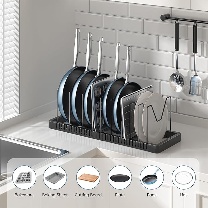 Pots and Pans Organizer under Cabinet, Expandable Pot Lid Organizer Holder with 10 Adjustable Compartment, Pan Organizers inside Cabinet for Lids, Bakeware, Kitchen Storage Pot Rack, Black