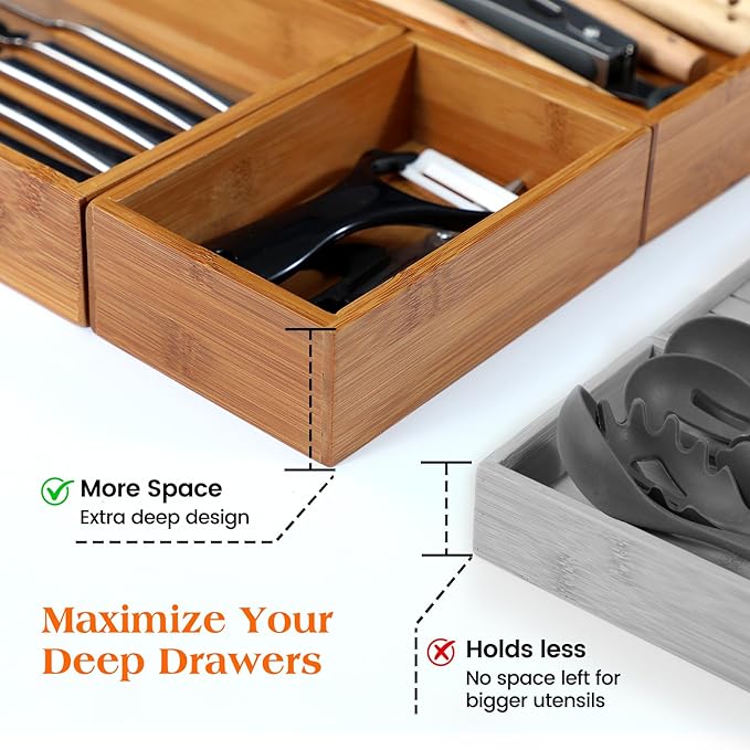 Carbonized Bamboo Kitchen Silverwar Drawer Organizer,14.2 inch Length Natural Utensil Flatware Organizers Tray Storage for Spoons Forks & Knives