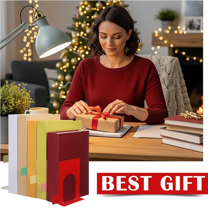 5 Set Metal Book Ends for Shelves Book Shelf Dividers Library Shelf Marker Bookends Stopper Colorful Office Stand Holder for Heavy Books Desk Home Movies Kitchen Cds(Boho)