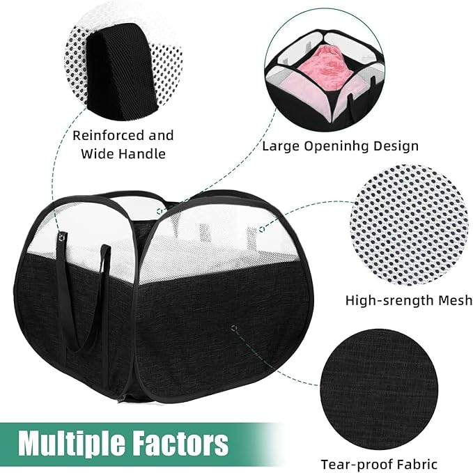 Collapsible Laundry Baskets, Tear Proof Pop Up Laundry Hamper with Large Capacity, Sturdy Foldable Laundry Basket, Easy to Carry Laundry Hamper for Home, Laundry Room, Bedroom, Dorm, Travel Black