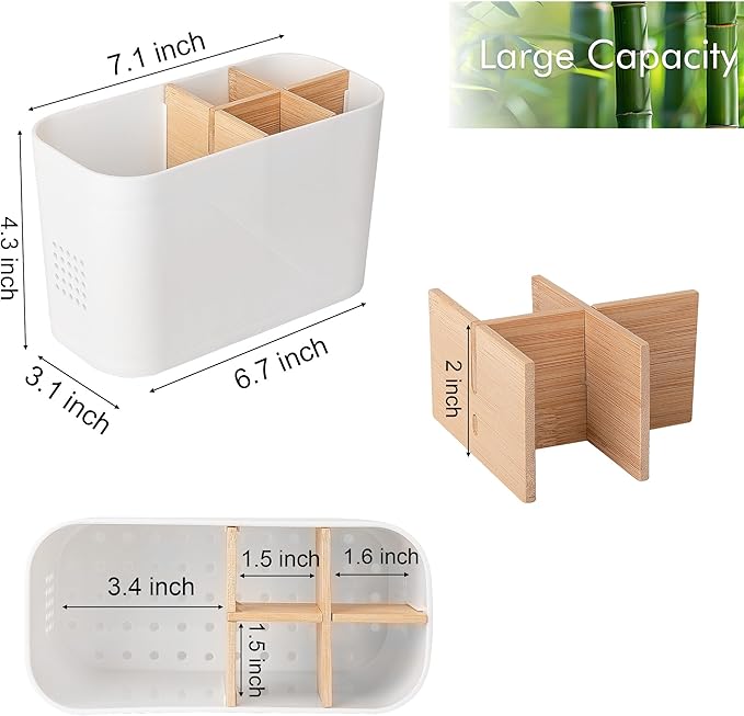 Toothbrush Holders for Bathrooms, Electric Tooth Brush Holder with Bamboo Dividers Kids Toothbrush and Toothpaste Organizer for Bathroom Countertop Accessories Storage, 5 Slots, White