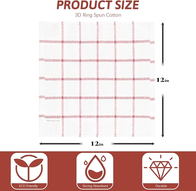 Nialnant 8 Pack Dish Cloths for Washing Dishes, 100% Cotton Reusable Cleaning Rag, Quick Drying Dish Towels for Kitchen, 12x12 Inches, Red Plaid