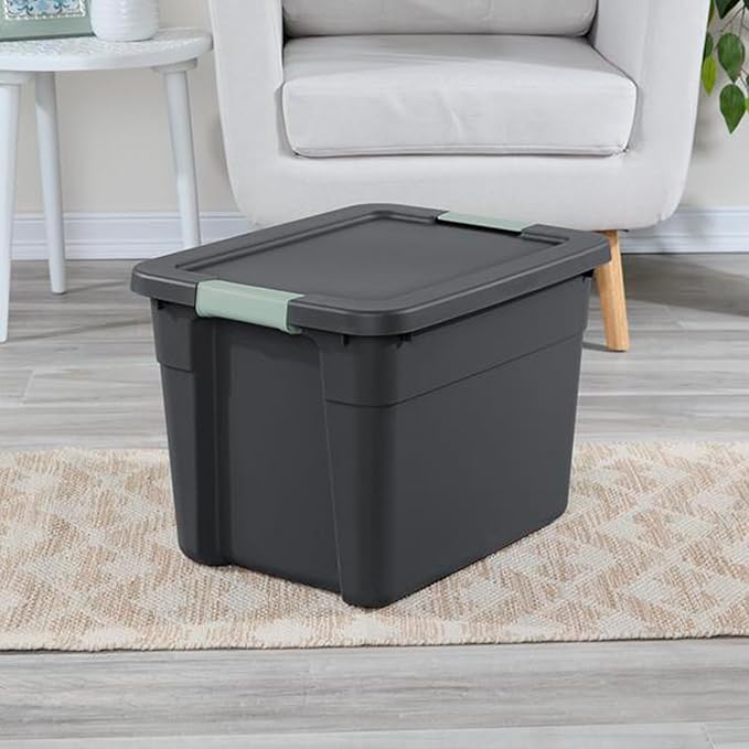 Sterilite 18 Pack Latch Tote, Stackable Plastic Storage Container, 12 Gallon, Gray/Green