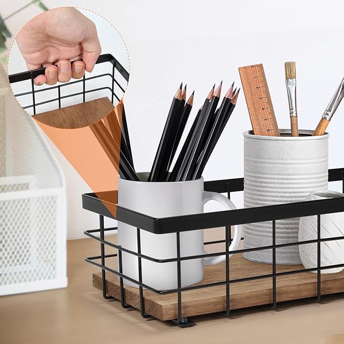TJ.MOREE 2-Pack Small Metal Wire Basket, Decorative Wood Base Organizer for Bathroom, Kitchen, Basket for Toilet Paper Storage, Sugar Packet, Coffee Syrup, Guest Towel, Napkin