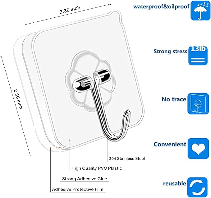 Adhesive Hooks Kitchen Wall Hooks - 24 Packs Heavy Duty 24lb(Max) Nail Free Transparent,Waterproof,Sticky Stainless Hangers for Keys,Bathroom, Shower, Outdoor, Kitchen,Door,Home Improvement,Utility