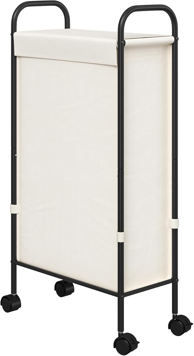 ELYKEN Slim Laundry Hamper with Lid, 50L Small Rolling Laundry Basket on Wheels, 7.9” Narrow Dirty Cloth Cart with Removable Inner Bag for Small Bathroom, Bedroom, Creamy