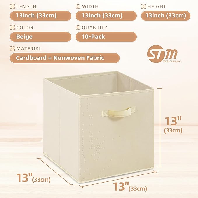 STORAGE MANIAC Storage Cubes, 13 Inch Collapsible Storage Bins with Handles, 10 Pack Fabric Foldable Bins for Organization, Durable Storage Bins for Closet, Shelves, Offices, Toys, 10-Pack Beige