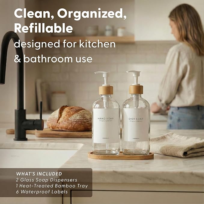 MaisoNovo Glass Dish Soap Dispenser for Kitchen Set of 2-16.9oz Clear Dish and Hand Soap Dispenser Set for Kitchen - Clear Glass Bottles x 2 with White Bamboo Pumps & Tray