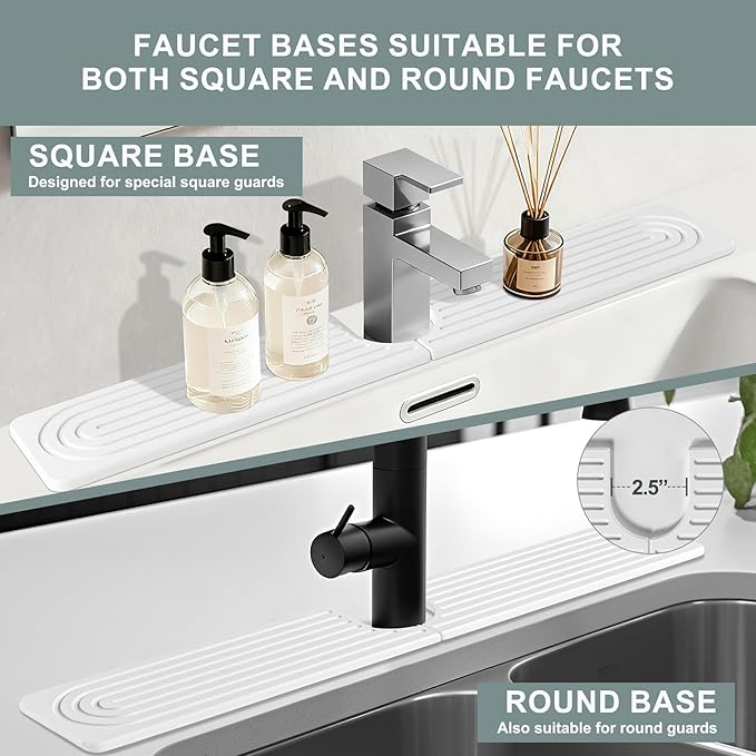 Meiliweser Stone Faucet Mat for Kitchen Sink, Quick Dry Diatomite Sink Splash Guard, Upgraded U-shaped Drying Sink Protectors, Non-Slip Stone Tray for Bathroom Counter (23.6"x4", White)