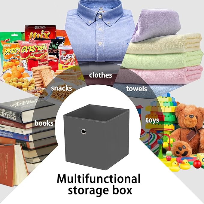 13 inch Record cube storage bins,collapsible fabric storage cubes Decorative storage basket,apply to clothes organizer box,shelves in closet,laundry,daycare centers,offices,6 Pack(Gray)