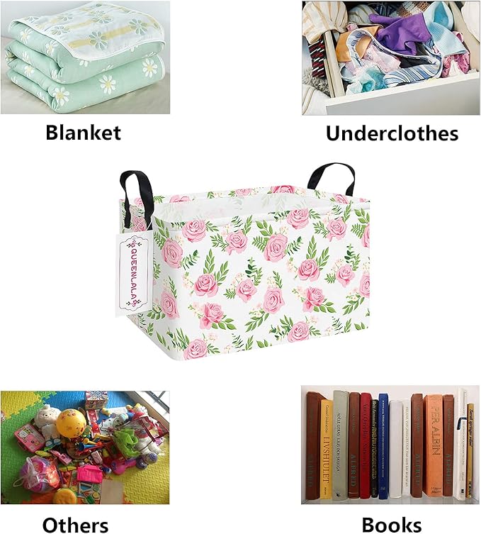 QUEENLALA Rectangular Laundry Hamper/Foldable Nursery Laundry Basket for Organizing/Storage Bin Baskets/Children Toy Office Bedroom/Toy Bin Closet Shelf Baskets (Rec-Pink roses)